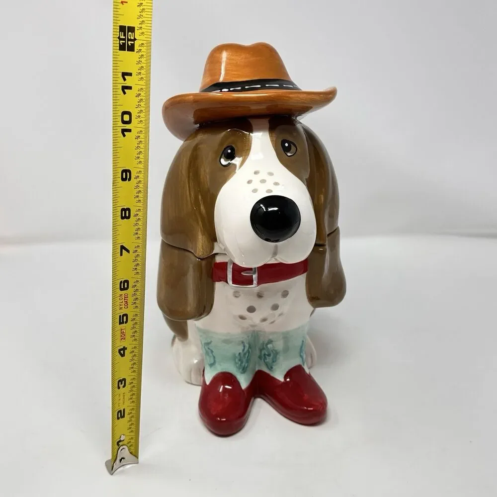 The Pioneer Woman Charlie Cookie Jar Blue Boots Basset Hound Dog Cowboy Hat -12”
